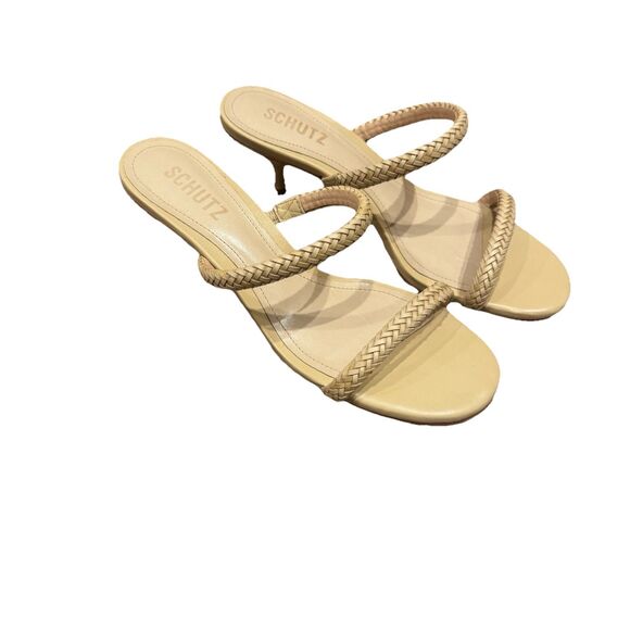 Schutz Taliah Mid Woven Leather Kitten Heel Sandal Strappy Tan Women's Sz 7 New - Picture 6 of 9